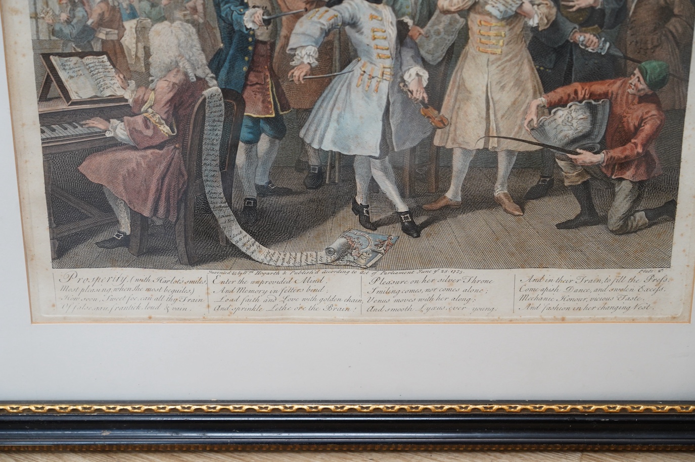 After William Hogarth (1697-1764), Eight satirical hand coloured engravings, ‘The Rakes Progress’, published June 25th 1735, largest 36 x 41cm. Condition - poor, fair, foxing throughout